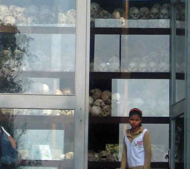 The Killing Fields of Cambodia - Visible remains: the stupa memorial has glass sides.